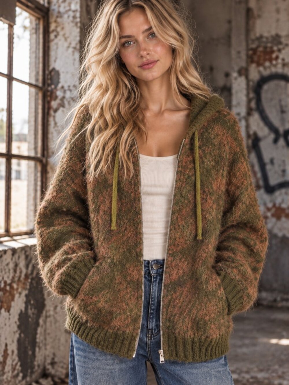 The Ragged Priest Arrakis Fuzzy Brushed Knit Zip Hooded Jacket Green Peach L NEW